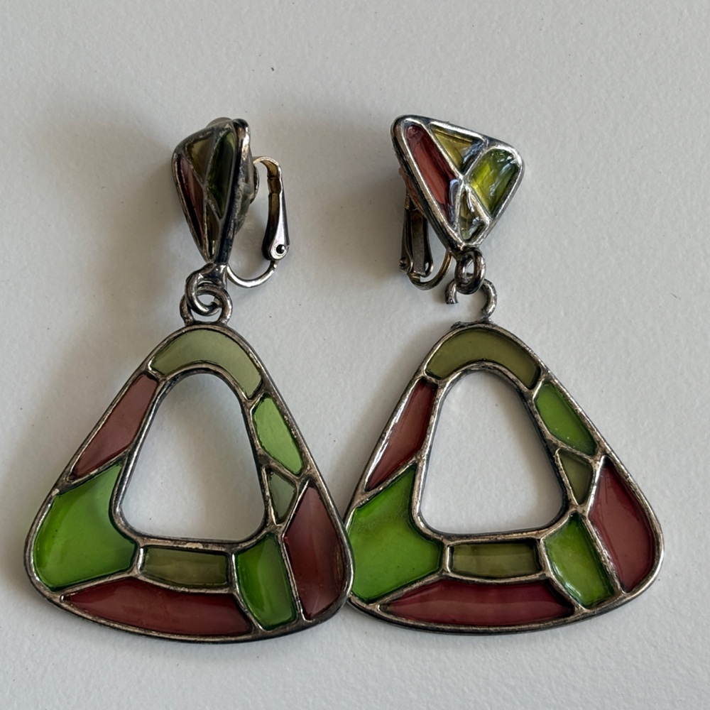 Vintage Retro Go-Go Dancer Stained Glass Colorful Geometric Dangle Earrings